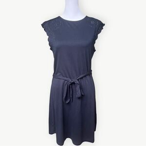 Ann Taylor LOFT Navy Blue Tie Waist Scallop Sleeve Eyelet A-Line Mini Dress. XS.